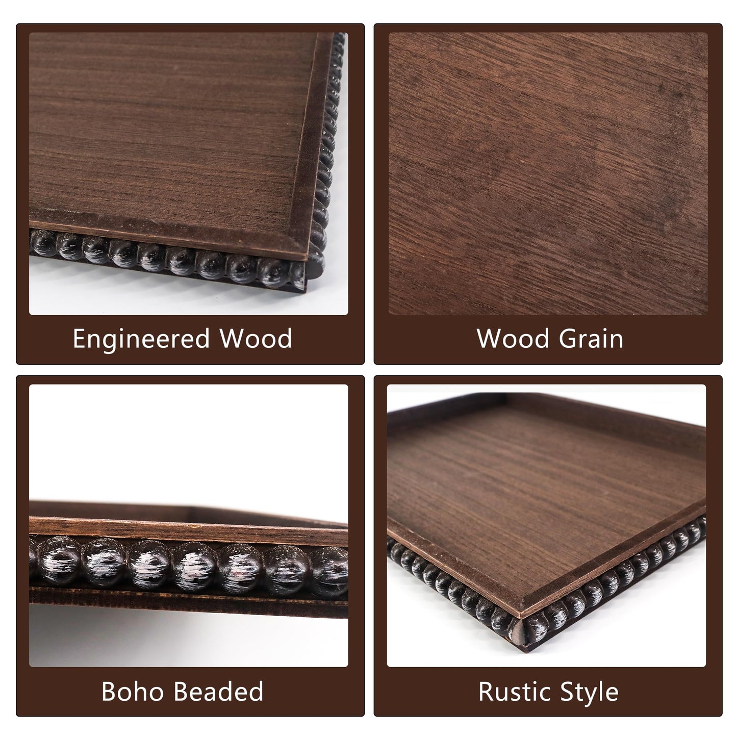 FramePro Decorative Tray 12x16 Rectangular Wood Beaded - Brown Serving Tray for Living Room, Coffee Table, Kitchen or Farmhouse Display