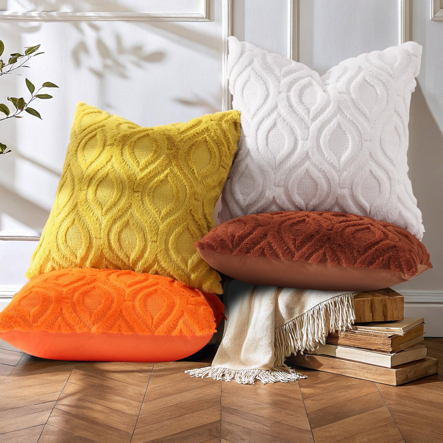 decorUhome Throw Pillow Covers 24x24 Inch Set of 2, Soft Plush Faux Wool Cream White Solid Couch Pillow Covers, Accent Euro Sham Farmhouse Neutral Square Pillow Cases for Sofa Bed Living Room