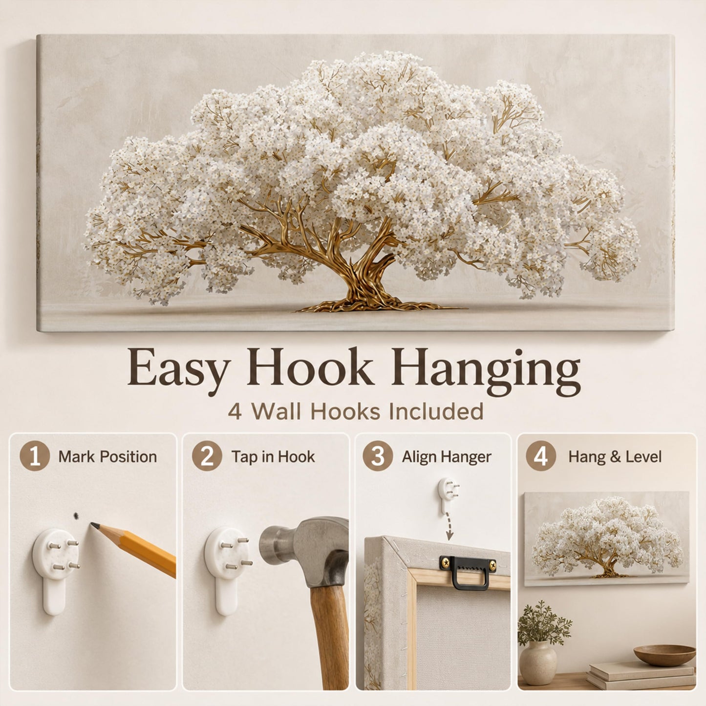 Anpeer Large Tree of Life Canvas Wall Art, Gold and White Big Tree Painting Picture Wall Decor, Neutral Beige Botanical Floral Print Artwork, for Office Living Room Dining Bedroom Home Decoration