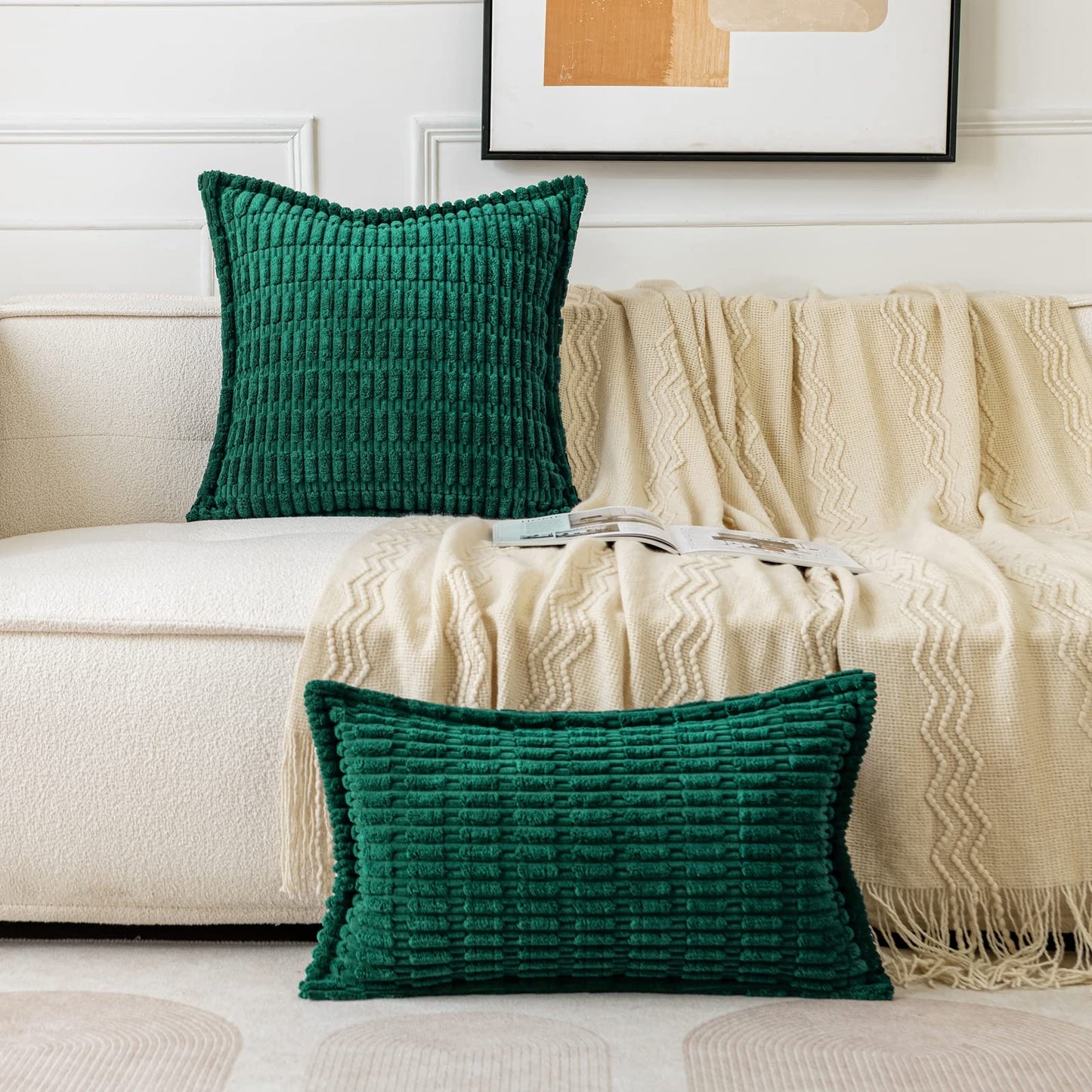 MIULEE Christmas Green Corduroy Decorative Throw Pillow Covers Pack of 2 Soft Striped Pillows Pillowcases with Broad Edge Winter Modern Boho Home Decor for Couch Sofa Bed Spring 20x20 Inch
