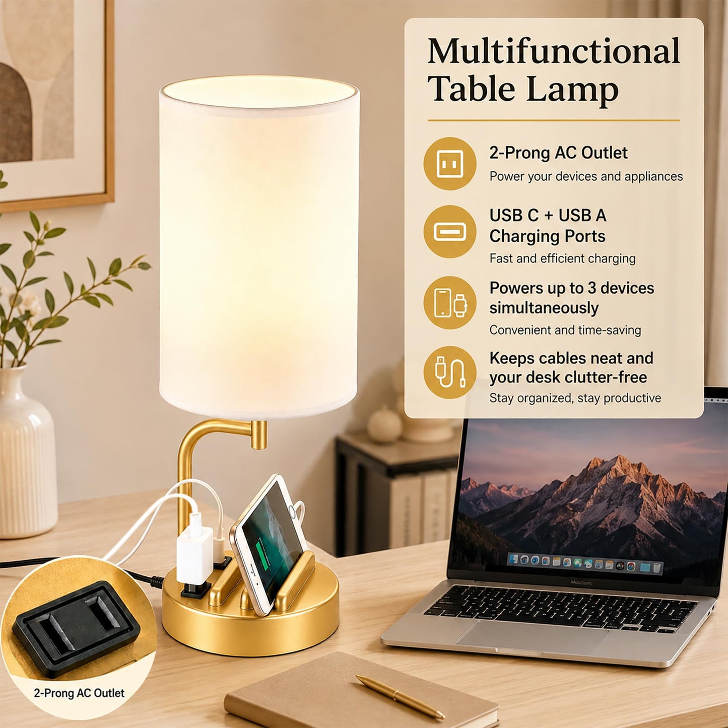 Dreamholder Touch Control USB Table Lamp with USB C/A & AC Outlet, 3-Way Dimmable Bedside Lamp, Modern Nightstand Lamps for Bedroom Living Room Guest Room Office, Bulb Included, Gold