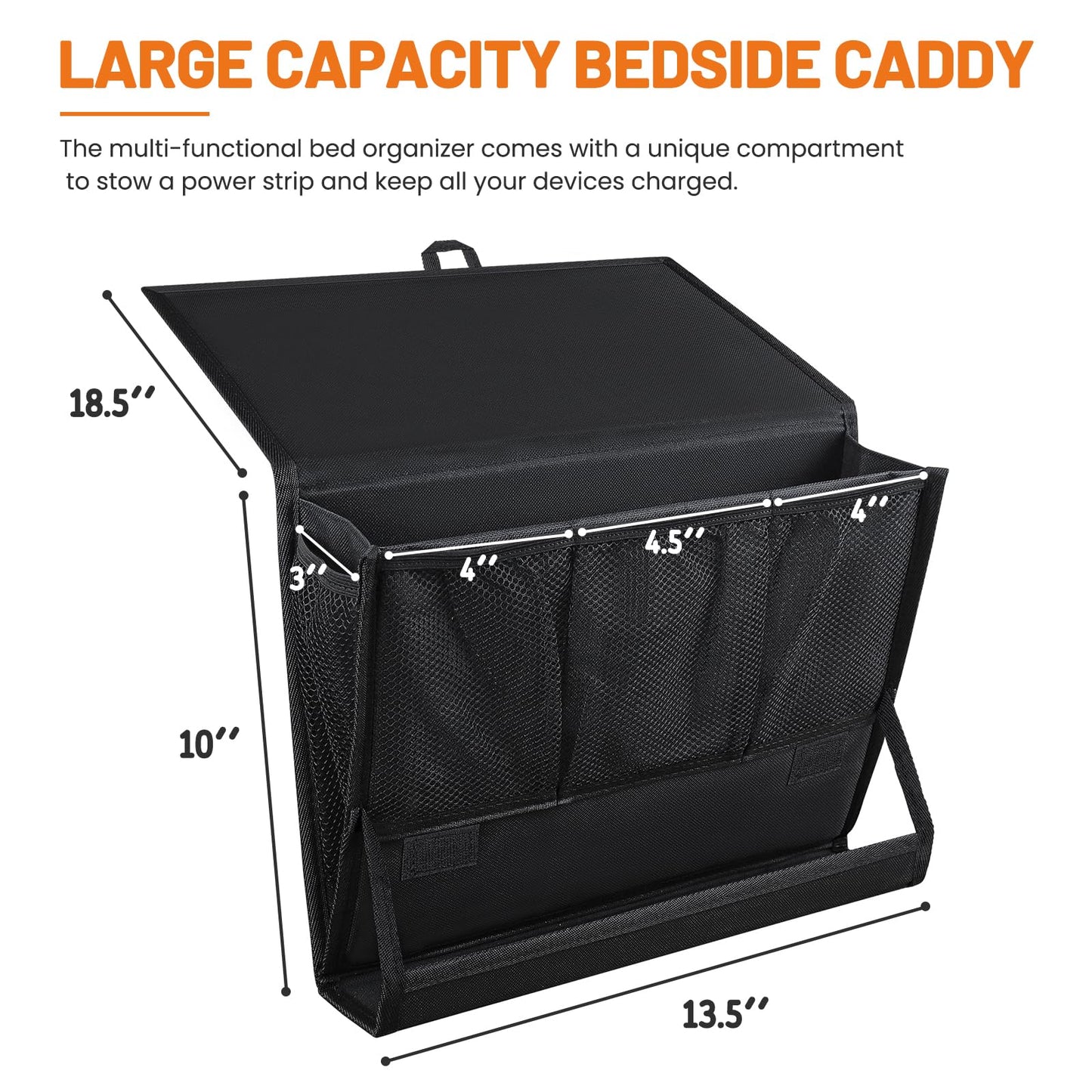 AKAYOK Bedside Caddy Hanging Bed Organizer Storage Bag Pocket with Power Strip Holder Multi-functional Organizer Caddy for Remotes Phone Glasses Magazines, Tablets, Accessories (7 pocket)