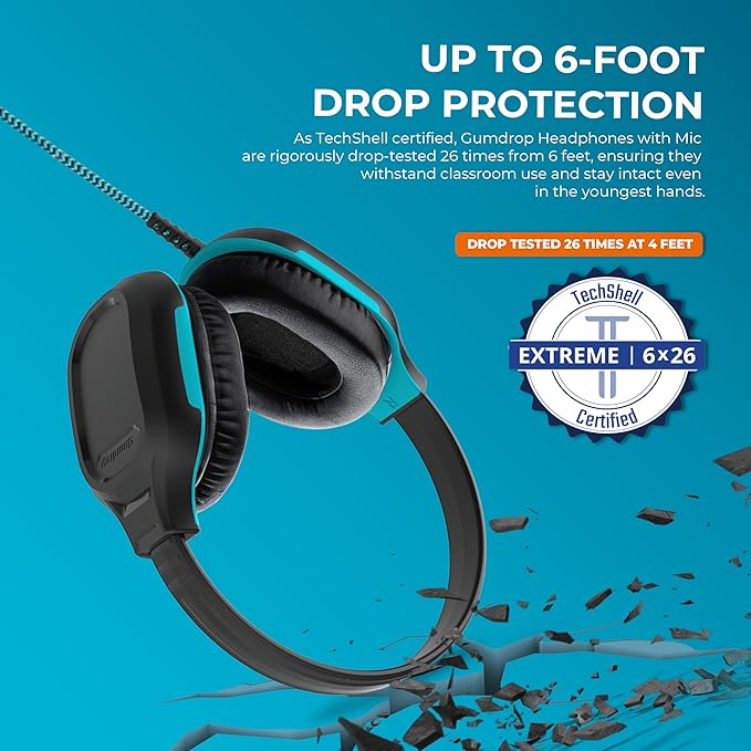 Gumdrop DropTech On-Ear Wired Headphones with 3.5 mm Jack and Long Tangle Free Chew-Proof Cord - Rugged, Reliable, Drop Tested and Comfortable for Kids, K-12 Students, Classroom and School Use - Black