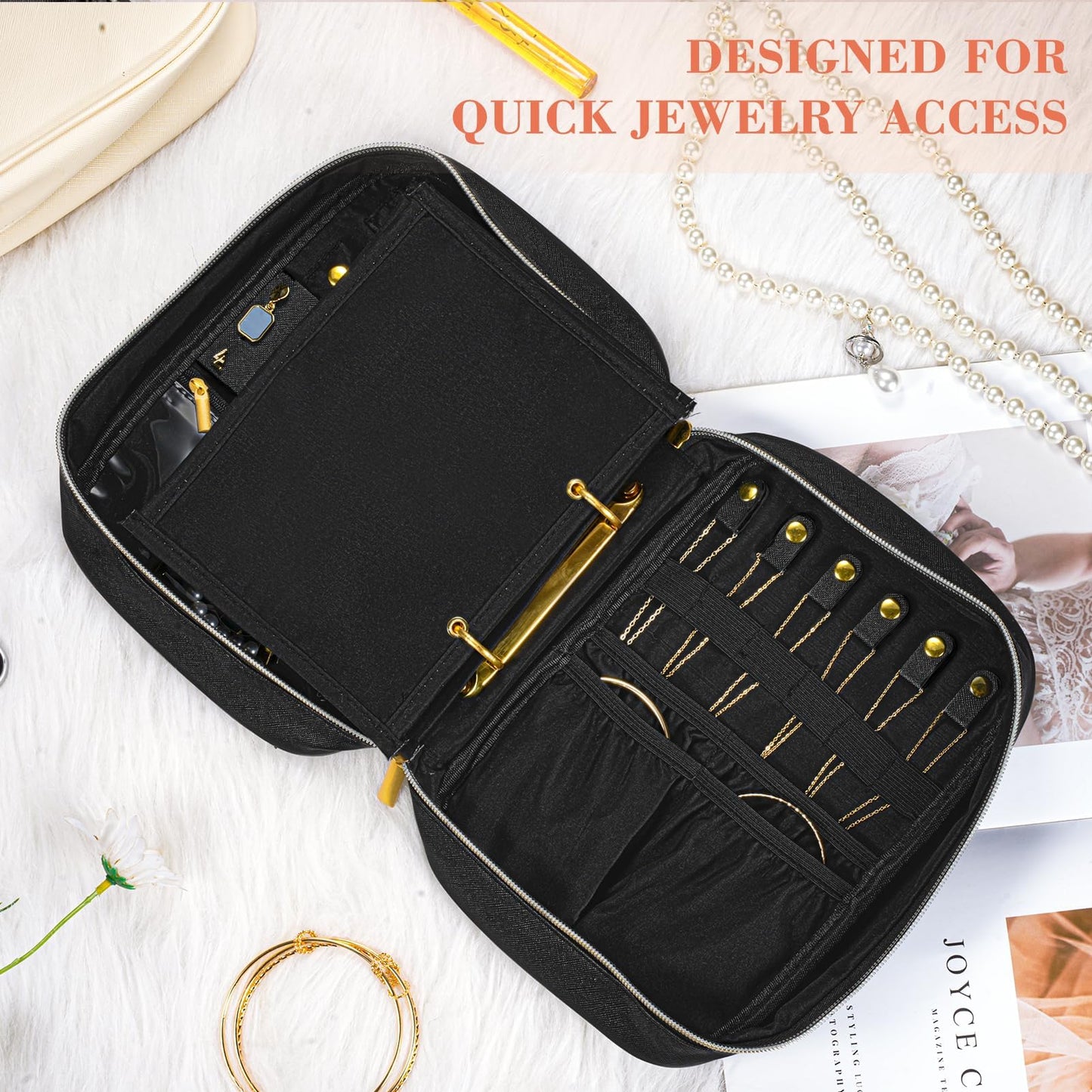 KPWEPK Travel Jewelry Organizer Case for Women, Jewelry Travel Case with 5 Zipper Pouches, Jewelry Organizer for Necklaces Earrings Rings Bracelets, Travel Jewelry Storage Bag (Black)