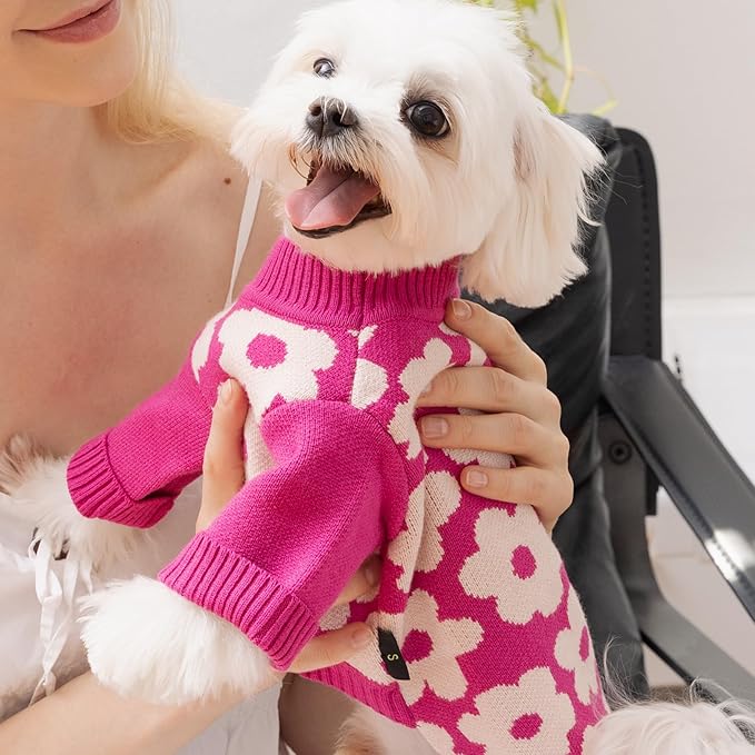 Fitwarm Floral Dog Sweater, Thermal Dog Sweatshirt, Soft Pet Outfit, Hot Pink, White, Large