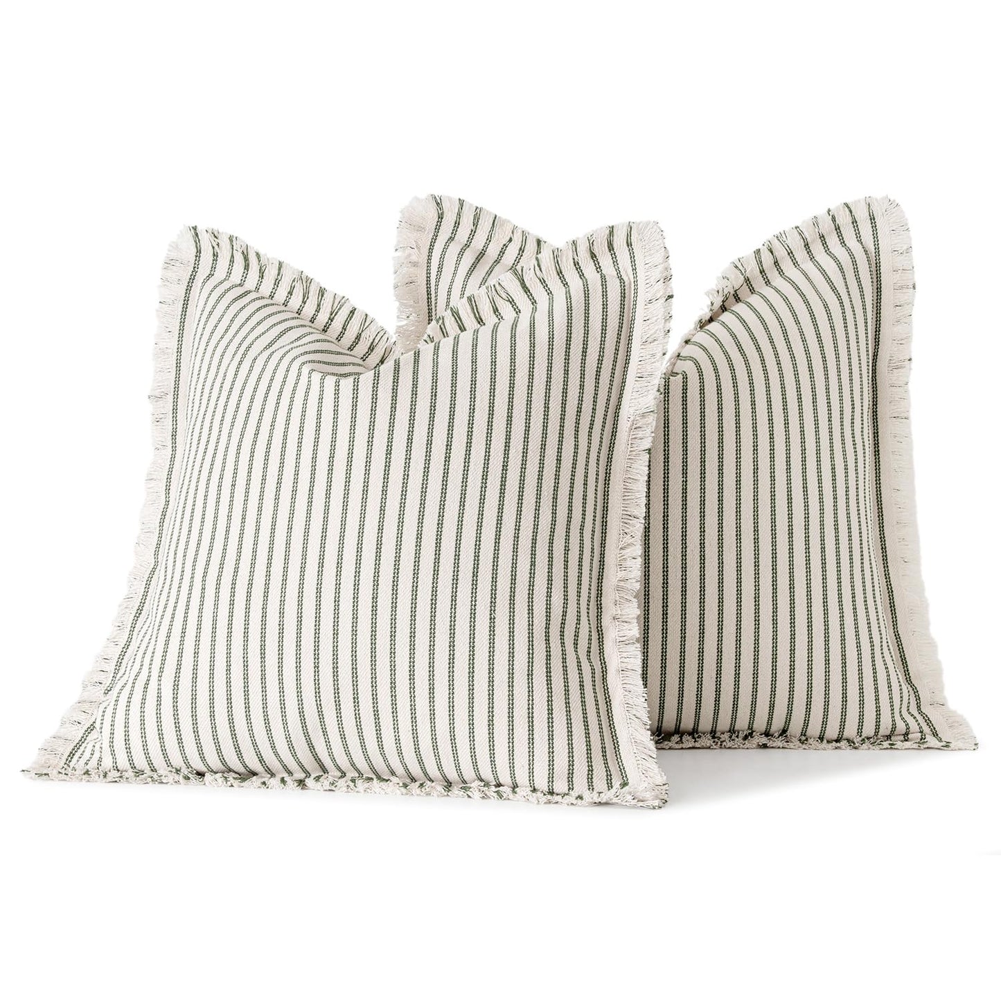 MIULEE Pack of 2 Olive Green Christmas Pillow Covers 20x20 Inch Striped Farmhouse Couch Spring Throw Pillow Covers with Fringe Chic Linen Decorative Cushion Covers for Sofa Living Room Bed Home Decor