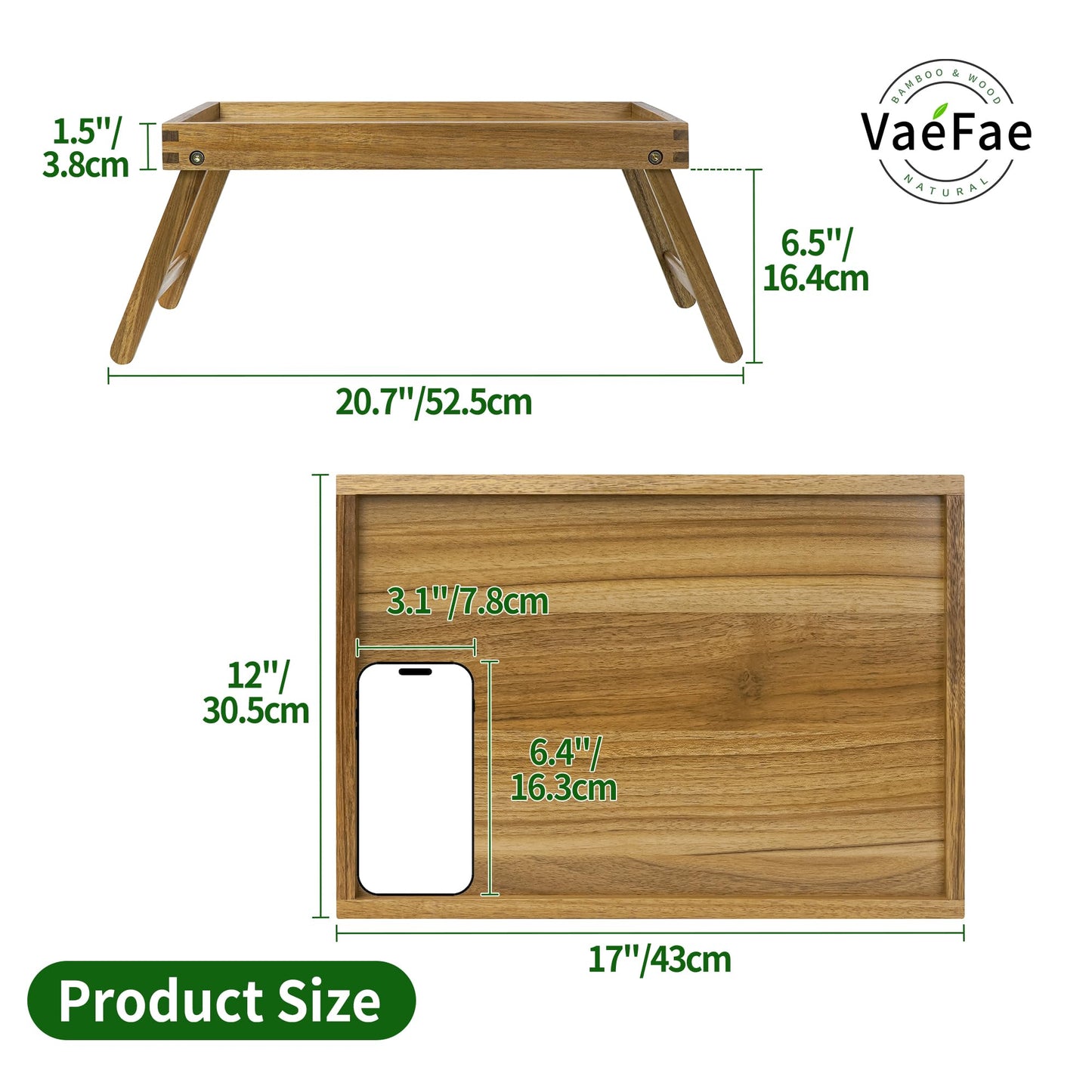 VaeFae Acacia Bed Table Tray, Wooden Breakfast Tray with Folding Legs, Bed Tray for Eating and Laptop, Eating Trays for Bedroom