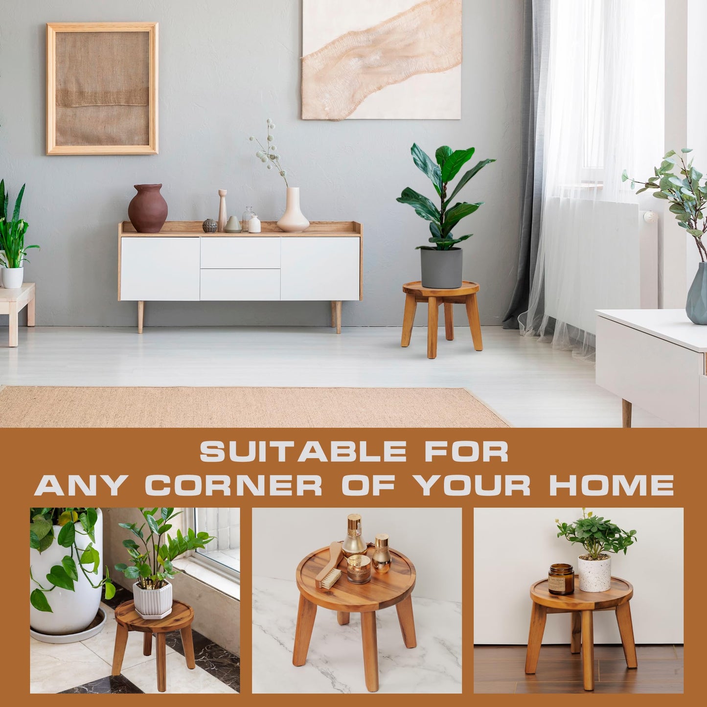 Demigo Indoor Plant Stand, 8 in Tall Natural Acacia Wood Plant Shelf Decor