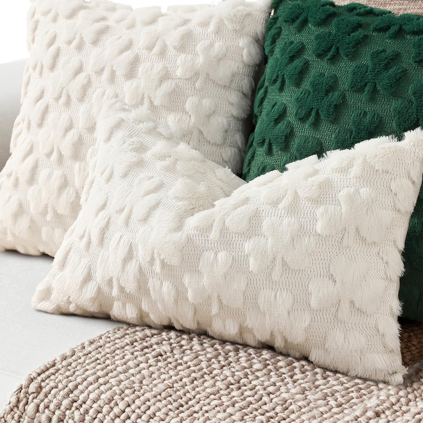 decorUhome St. Patrick’s Day Shamrock Pillow Covers 12x20 Inch Set of 2, Soft Plush Faux Wool Cream White Throw Pillow Covers, Farmhouse Spring Holiday Decor for Sofa Living Room