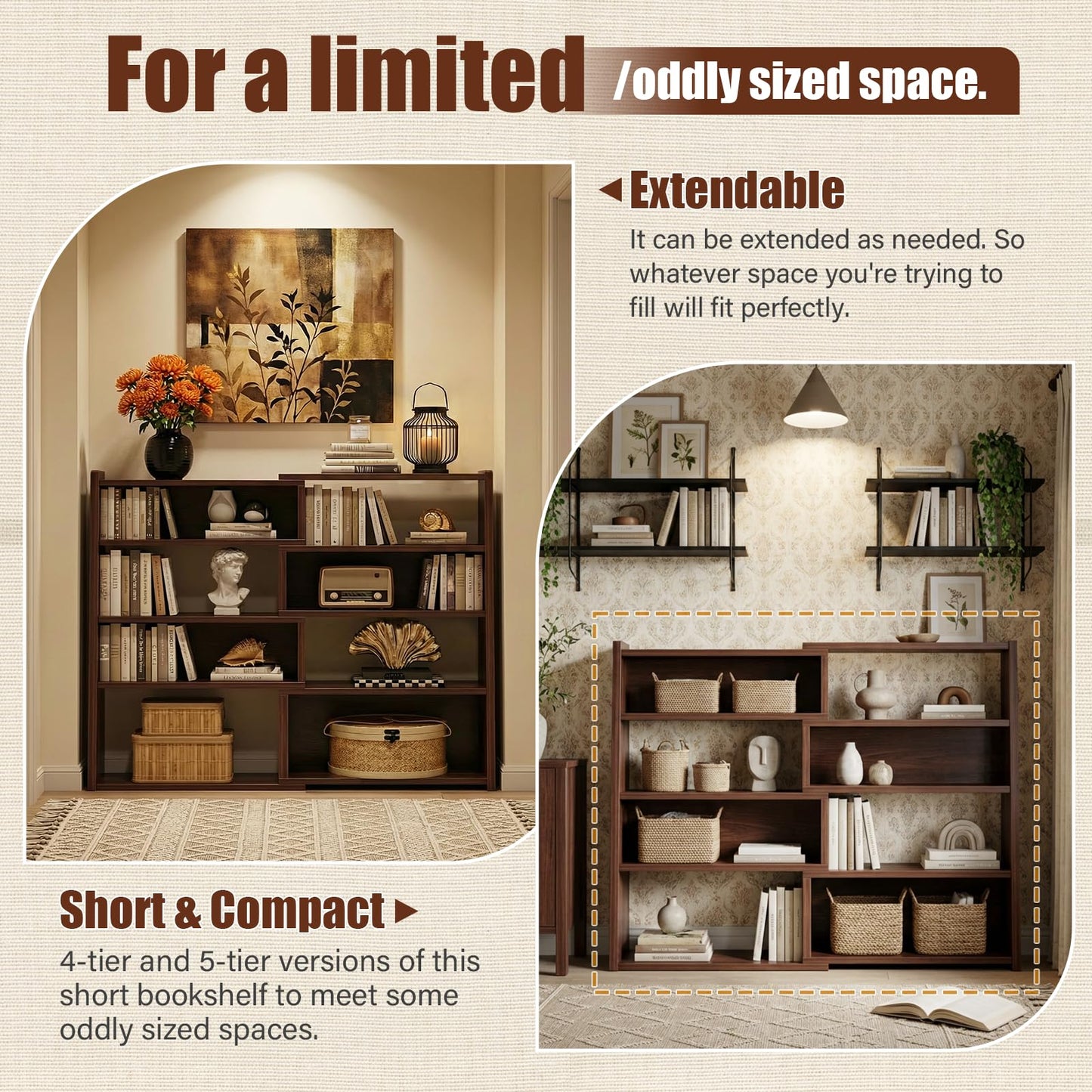 Armocity Expandable Bookshelf, Short Corner Bookshelf for Small Spaces, Small Ladder Book Shelf, Extendable Wood Narrow Bookcase for Living Room, Bedroom, 5 Tier, Black Walnut