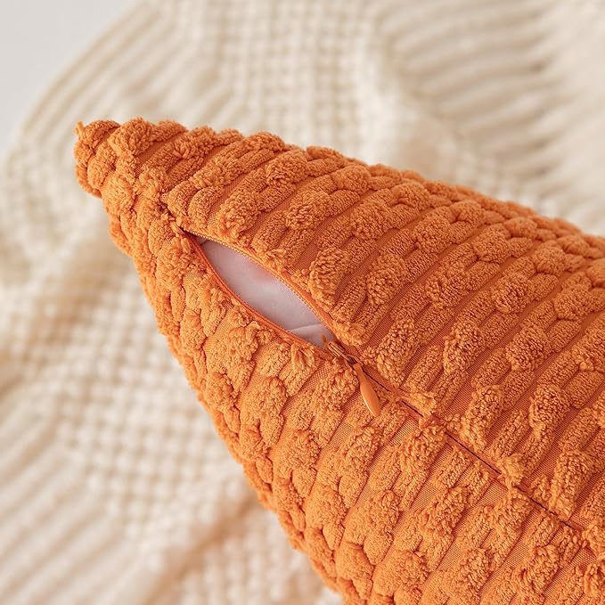 Kevin Textile Fall Pack of 2 Corduroy Decorative Throw Pillow Covers 22x22 Inch Soft Boho Striped Pillow Covers Modern Farmhouse Home Decor for Spring Sofa Living Room Couch Bed Orange