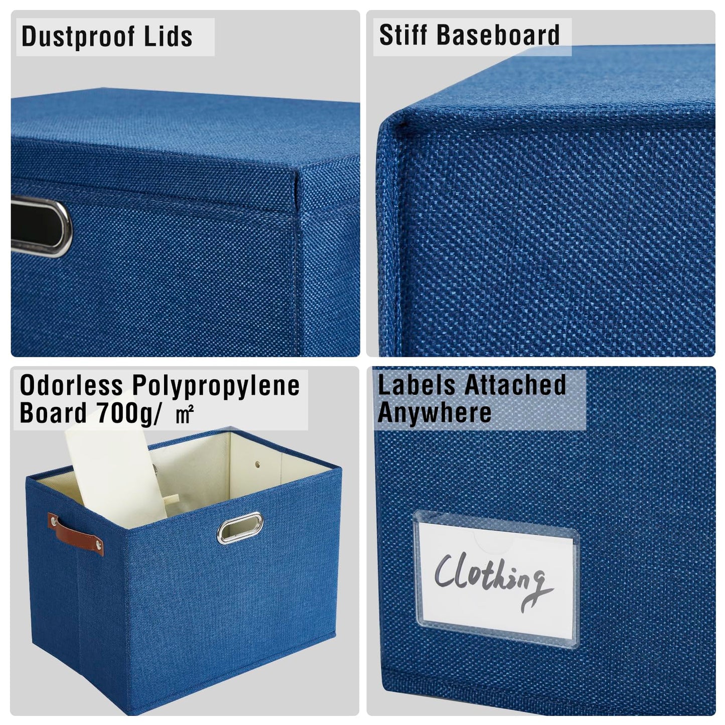 Roobyl 15" Large Collapsible Storage Bins with Lids, Stackable Closet Organizers with PU Handle and Labels, 3-Pack Decorative Fabric Storage Boxes for Home, Bedroom, Closet, Office, Nursery(Navy)