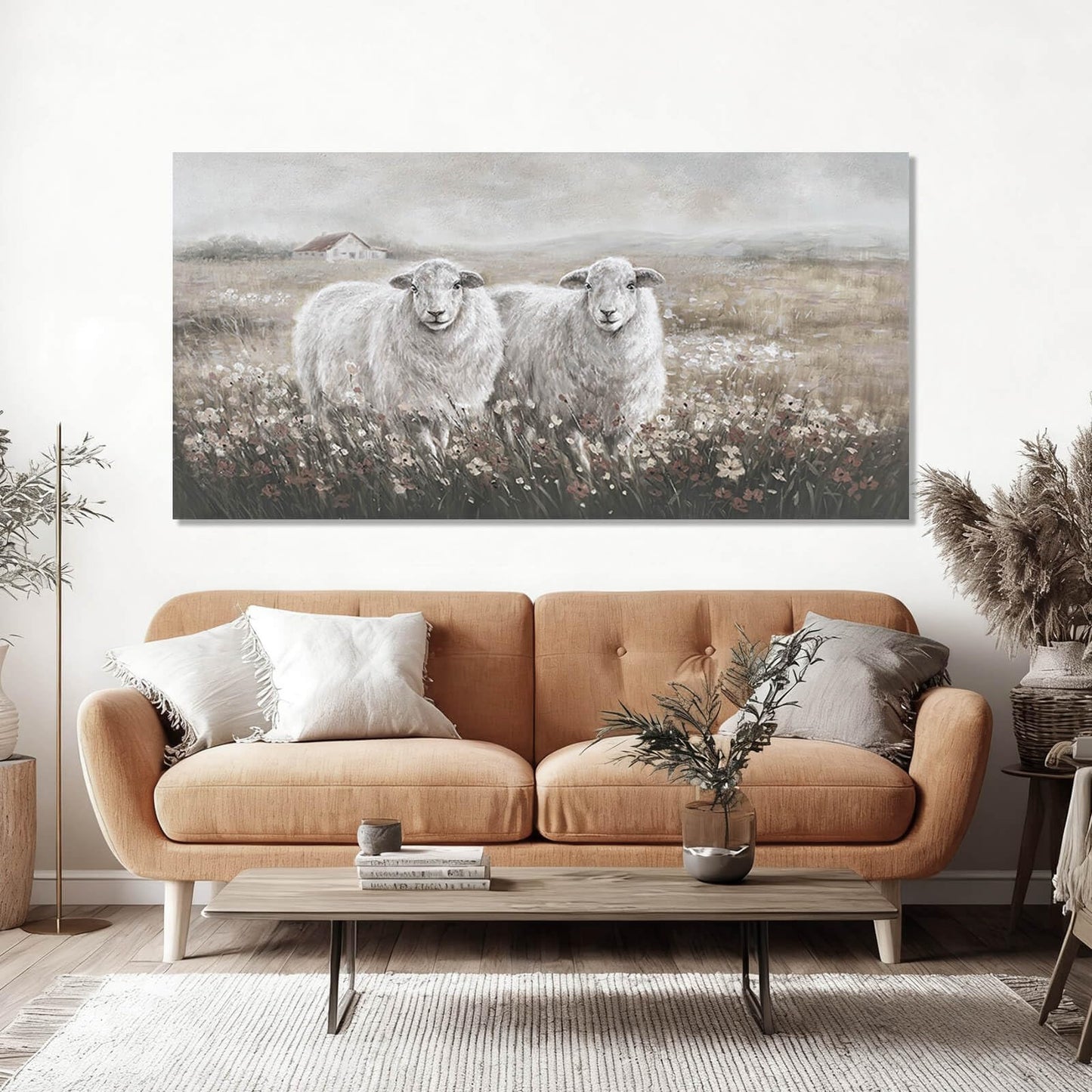 YETHEN WAL Large Sheep Pair Wall Art, Wildflower Field Landscape Canvas Print, Rustic Modern Farmhouse Wall Decor for Living Room Dining Room, Above Sofa, 24x48 Inch
