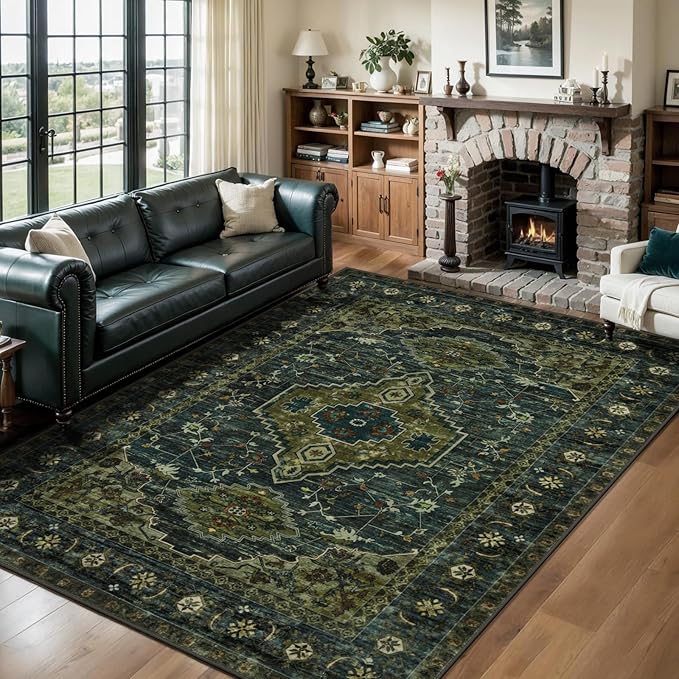 Tangsoo Washable Rug 4x6 Area Rug, Oriental Rug Indoor for Living Room, Non Slip Machine Washable Large Rugs, Soft Print Distressed Olive Green Carpet for Bedroom Dining Room Dorm Office