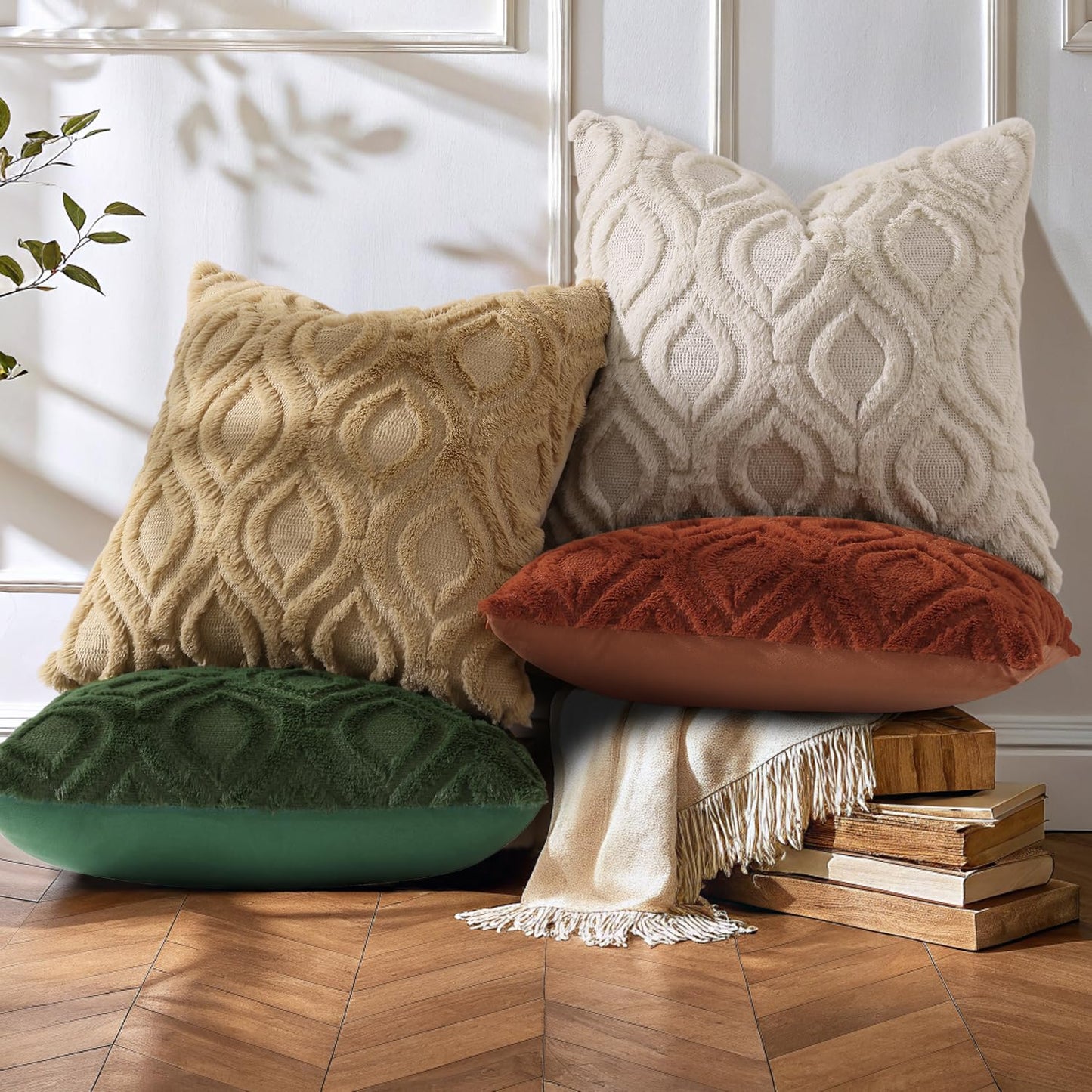 decorUhome Throw Pillow Covers 20x20 Inch Set of 2, Soft Plush Faux Wool Light Brown Khaki Solid Couch Pillow Covers, Accent Farmhouse Neutral Square Pillow Cases for Sofa Bed Living Room
