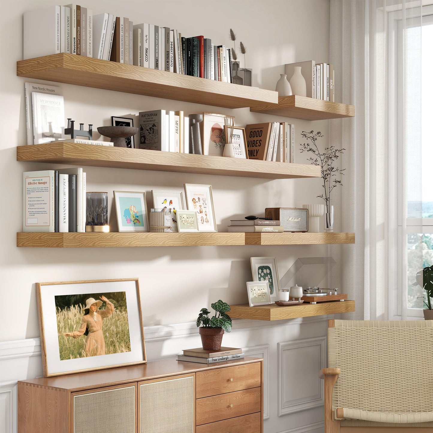 FLYJOE 30 Inch Floating Shelves | 12 Inch Deep Oak Floating Shelves Set of 2 | 30" W x 12" D Rustic Wood Shelves for Wall | Deep Oak Shelves for Living Room Bathroom Laundry Room Kitchen