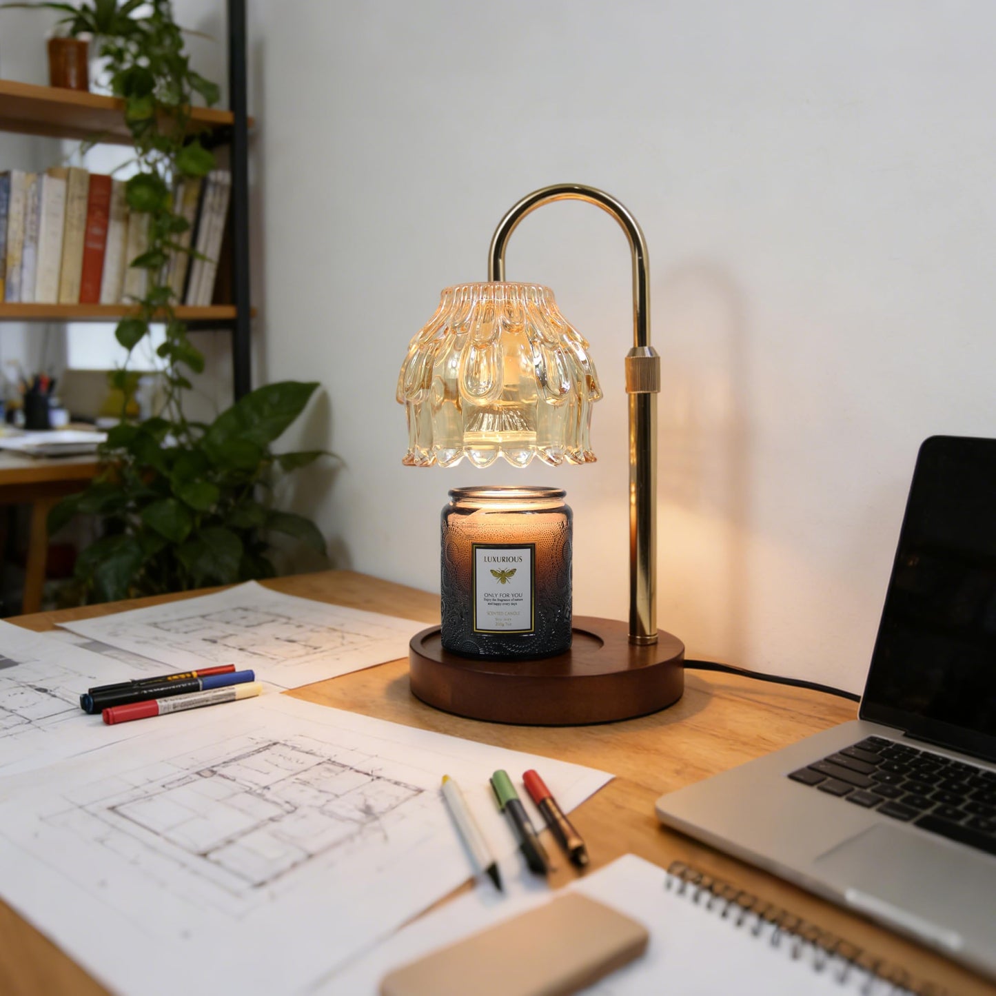 Flower Candle Warmer Lamp with Timer Dimmer, Adjustable Height, Birthday Housewarming Gifts for Women Mom, New Home Bedroom Livingroom Decor, Gold Wax Melt Warmer for Scented Jar with 2 Bulbs