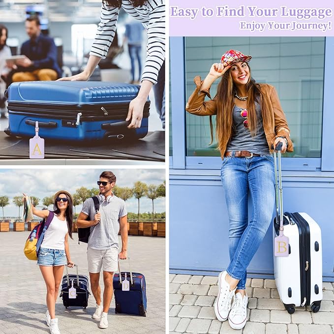 Personalized Initial Luggage Tags for Suitcase, Purple Leather Cute Luggage Tags with Privacy Cover Name Card, Embroidered Custom Monogrammed Luggage Tag Travel Backpack Tags Gifts for Women Kids(R)