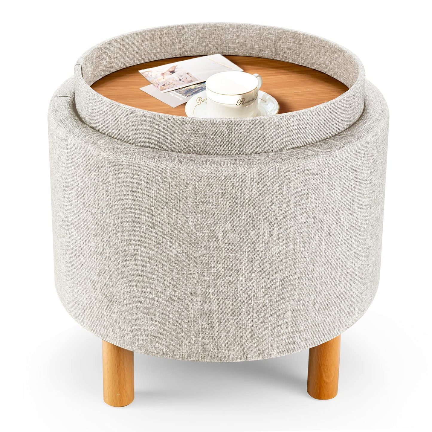 Giantex Round Storage Ottoman with Tray Lid, Accent Storage Footstool w/Soft Padding, Fabric Sitting Stool w/Solid Wood Legs & Non-Slip Pads, Tray Top Coffee Table for Living Room, Bedroom (Beige)