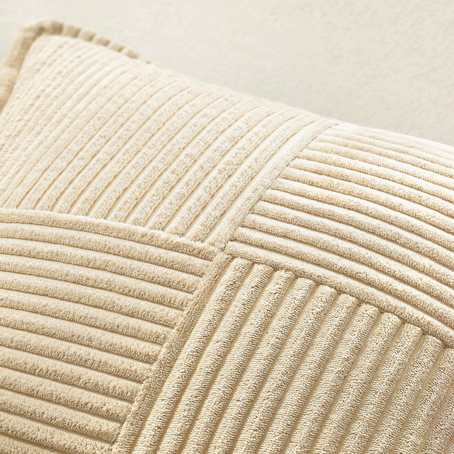MIULEE Cream Corduroy Decorative Euro Sham Pillow Covers 24x24 Inch with Splicing Set of 2 Soft Boho Pillow Covers Broadside Textured Pillowcases for Couch Bed Livingroom