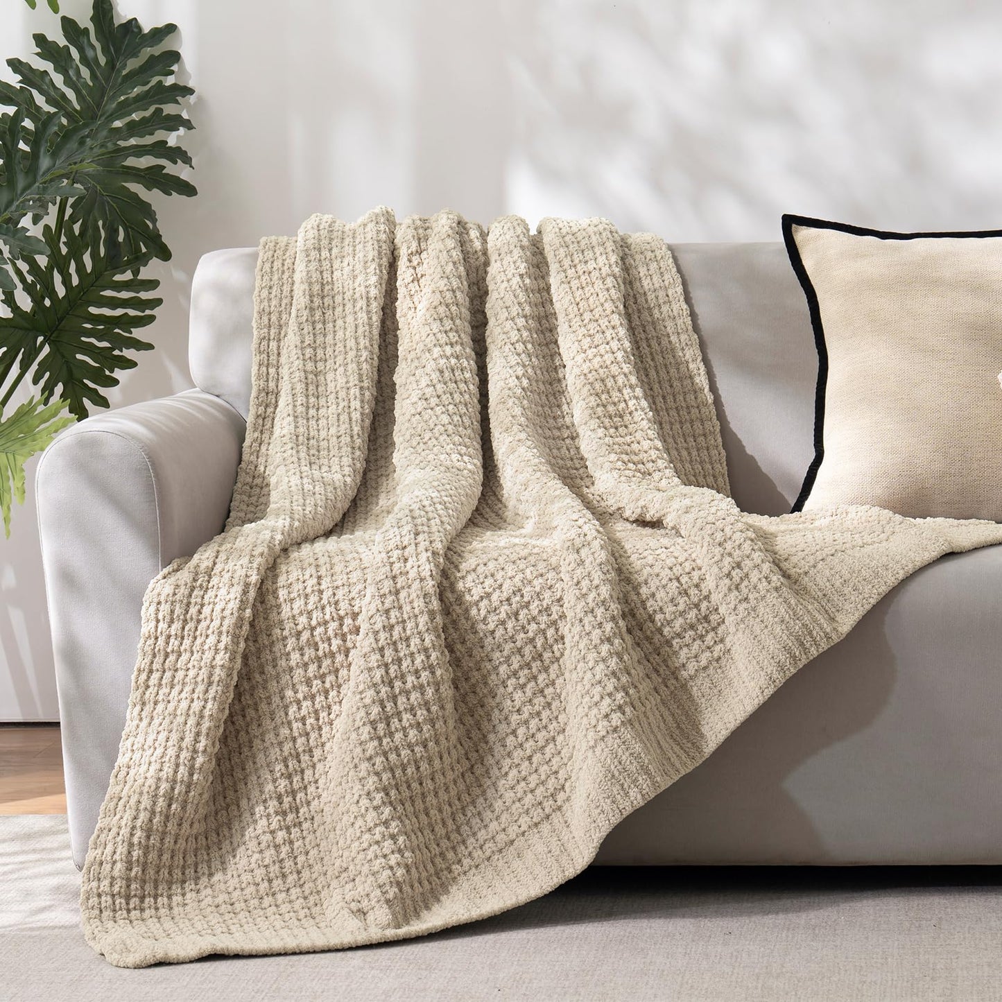 PHF Chenille Waffle Knit Blanket Twin Size- Plush Warm & Cozy 60" x 80" Ultra Soft Blanket- Chunky Fluffy Waffle Bedding for Home Decor - Natural