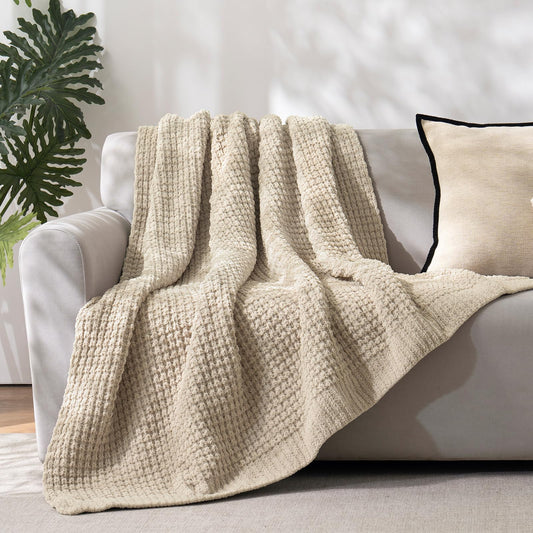 PHF Chenille Waffle Knit Blanket Twin Size- Plush Warm & Cozy 60" x 80" Ultra Soft Blanket- Chunky Fluffy Waffle Bedding for Home Decor - Natural