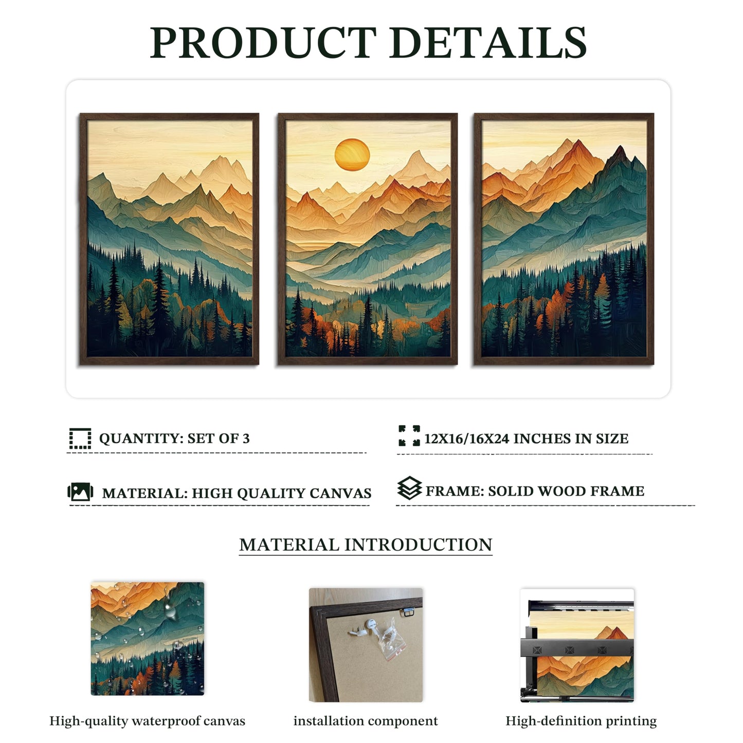 Framed Boho Wall Art Set of 3, Boho Wall Decor, Sunrise Mountain Canvas Prints for Living Room Decor, Large Forest Landscape Painting in Wood Frame, Pine Trees Picture for Bedroom Office 12x16 inch