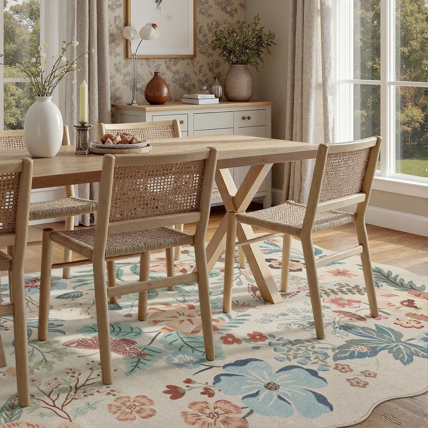 DCX Beige Floral Rug 5x7, Washable Beige Rug for Living Room, Kid & Pet Friendly with Rubber Back Non Slip, Soft Low Pile Carpet, Stain Resistant Rug for Bedroom, Nursery, Dining Room