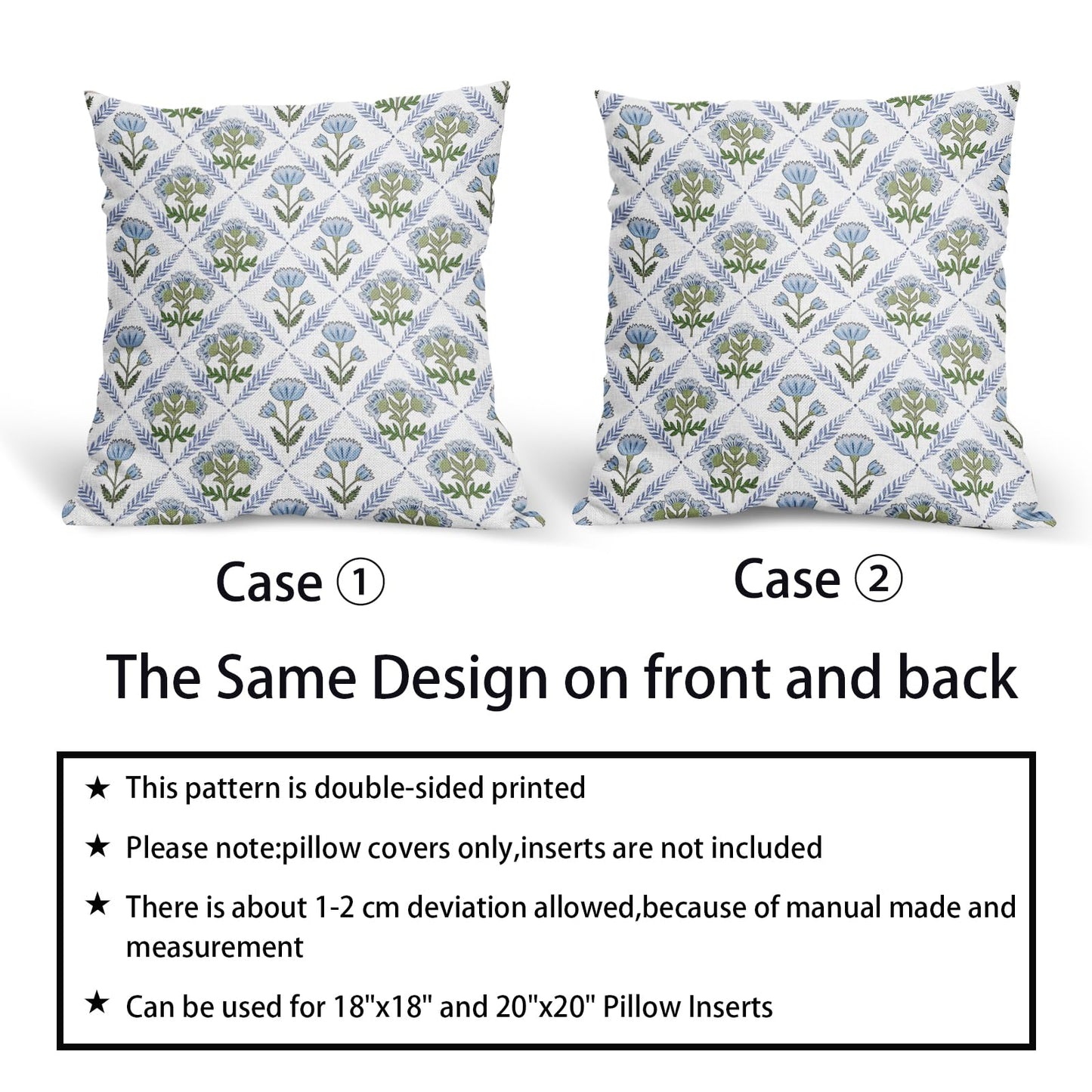 aportt Blue Green Block Print Pillow Covers 18X18 Inch Set of 2 Boho Flower Decorative Pillow Cases Spring Summer Rustic Cotton Linen Cushion Case Farmhouse Home Decor for Sofa Couch Living Room