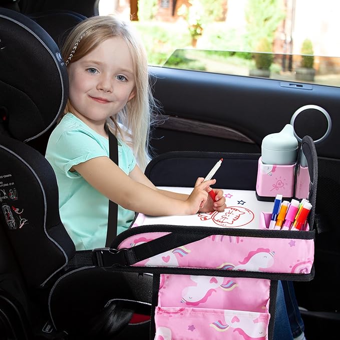 WENRENER 2PCS Kids Travel Tray, Car Seat Tray for kids Travel, Toddler Road Trip Essentials With Drawing Kit, Toddler Lap Desk Organizer for Car, Carseat Table for Airplane