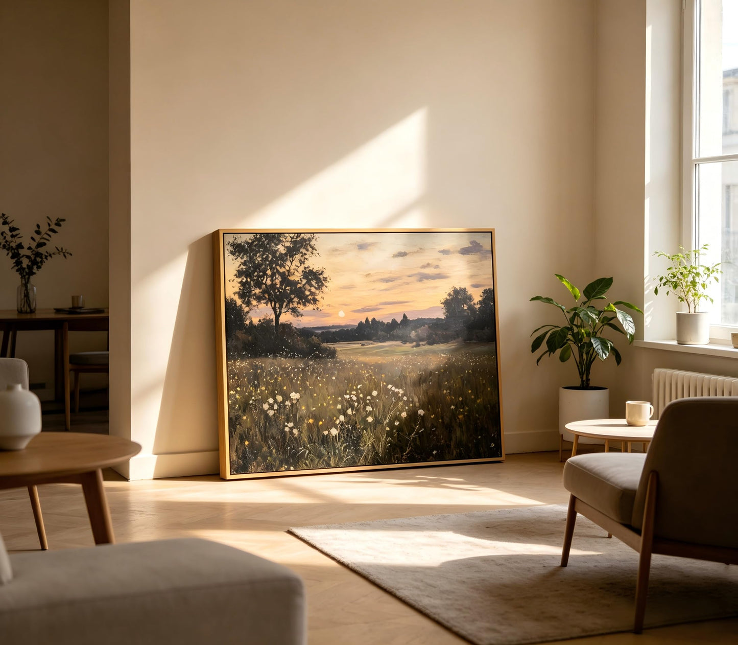 Framed Vintage Farmhouse Canvas Wall Art Rustic Wildflower Field Landscape Painting Retro Country Sunset Prints Vintage Moody Landscape Prints Artwork for Living Room Bedroom Bathroom 16x24