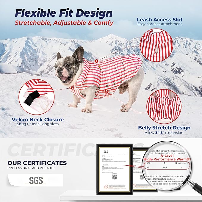 SPACE LION Dog Puffer Jacket, Down Winter Coat, Durable Outdoor Coat for Cold and Windy Conditions, Lightweight & Adjustable Fit Coats for Small & Medium Dogs, (RedStripe, Size 12 Gift Box)