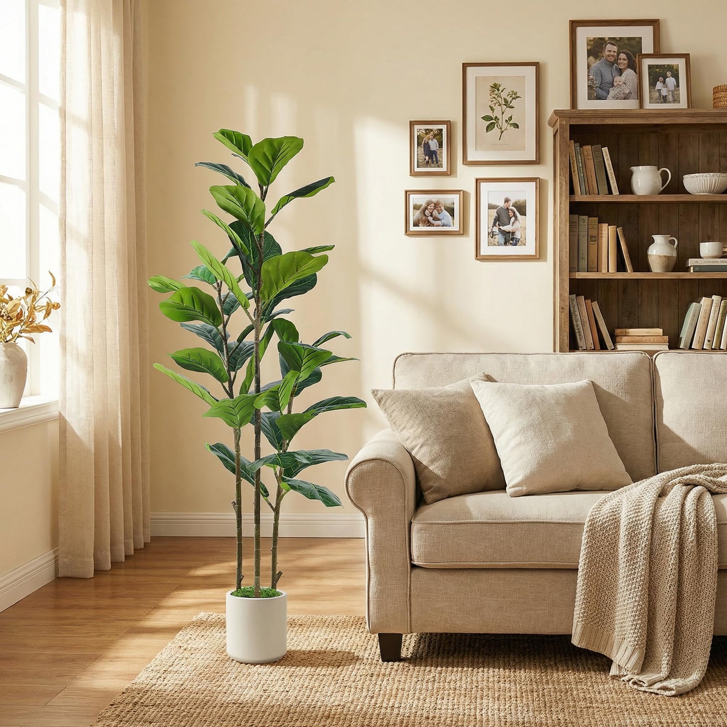 Alupssuc 5FT Artificial Fiddle Leaf Fig Tree with White Planter Pot, 5 feet Tall Fake Tree for Home Decor, Faux Ficus Tree Fake Moss for Indoor Outdoor Office Living Room