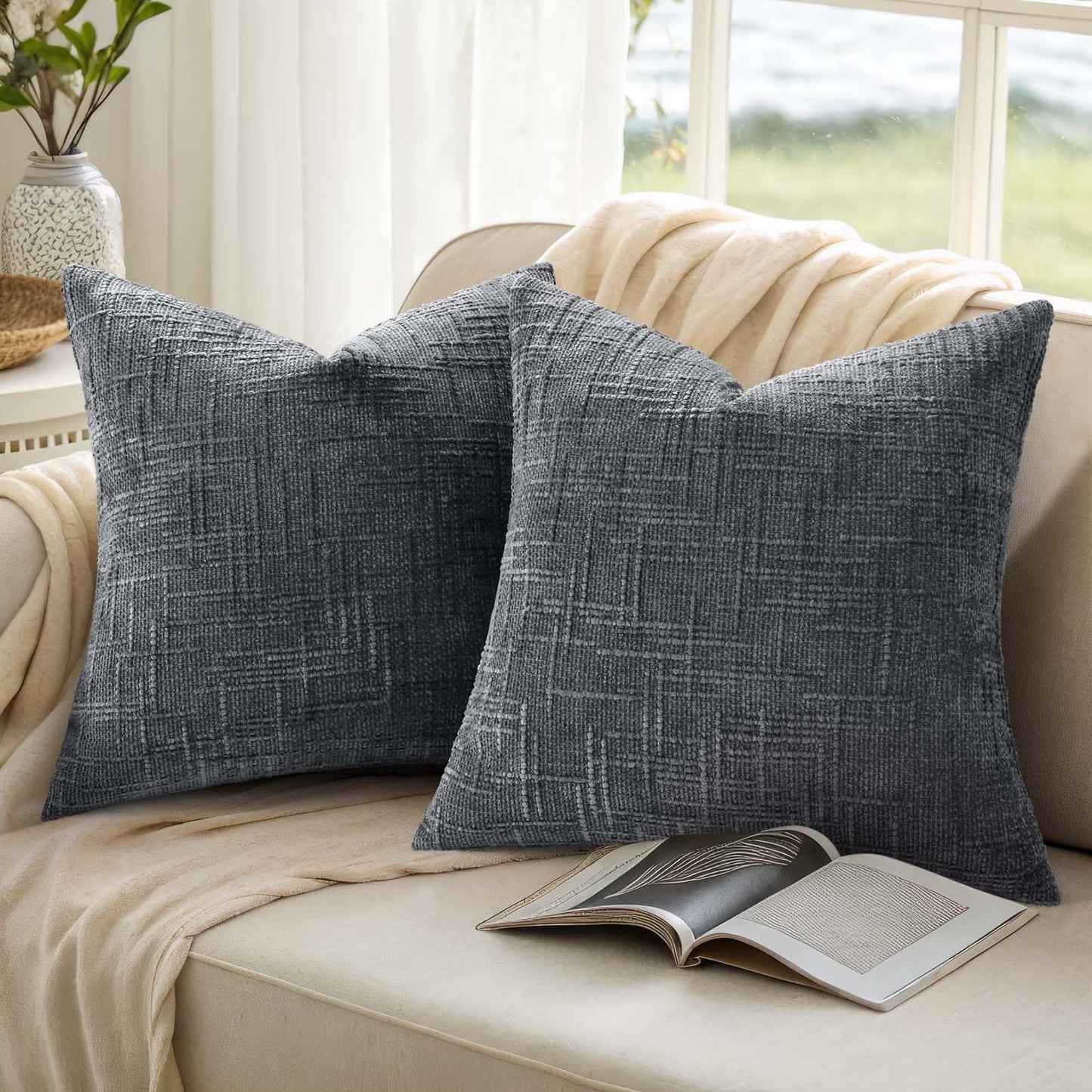 decorUhome Dark Grey Chenille Throw Pillow Covers 20x20 Set of 2 Textured Soft Cozy Slubby Couch Pillow Covers Modern Farmhouse Boho Decorative Pillow Cases for Bed Sofa Living Room