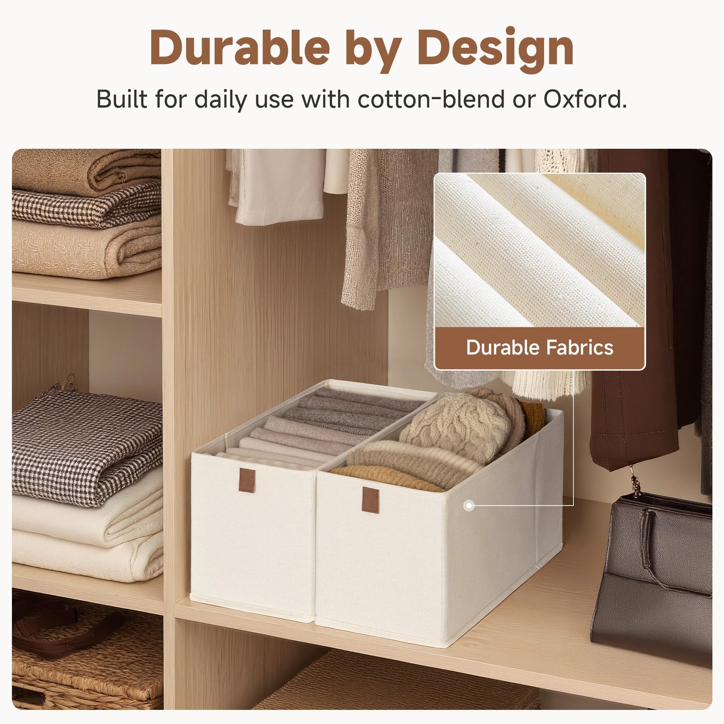 StorageWorks Small Storage Bins, Fabric Storage Bins, Narrow Baskets for Shelves with PU Handle, Perfect for Clothes, Towels, and Light Blankets, Beige, 4-Pack