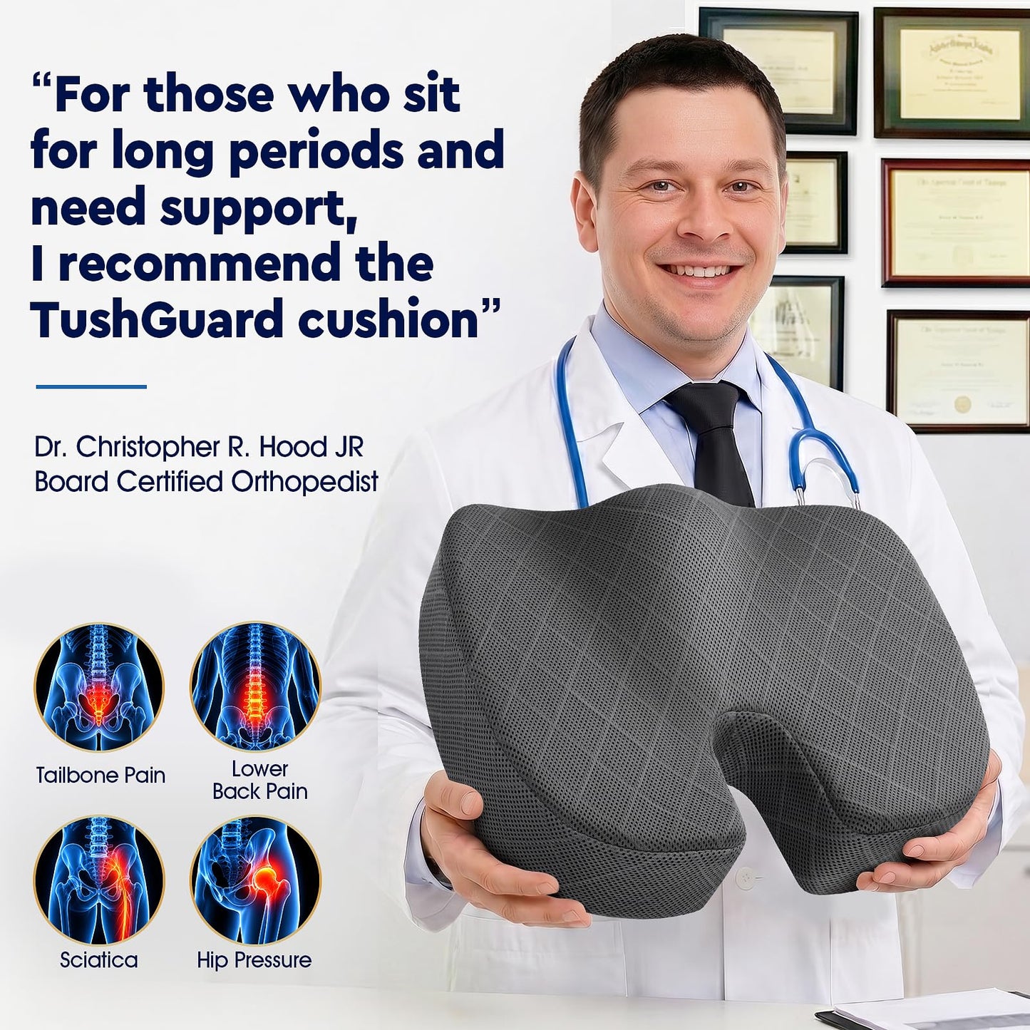 TushGuard Seat Cushion - Memory Foam Sitting Pillow for Office Chair, Car Seat, Airplane, Bleacher - Sciatica & Hip & Coccyx Pain Relief Desk Chair Cushion for Long Sitting Office Workers, Car Drivers