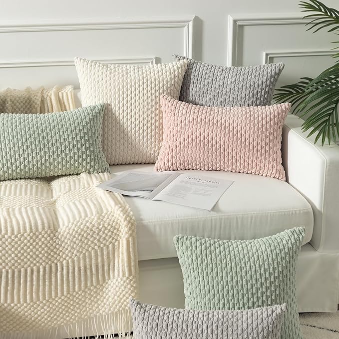 Kevin Textile Pillow Covers Decorative Set of 2 Striped Corduroy Plush Velvet Pillowcases Boho Cushion Cover for Couch 18x18 Inch Cream