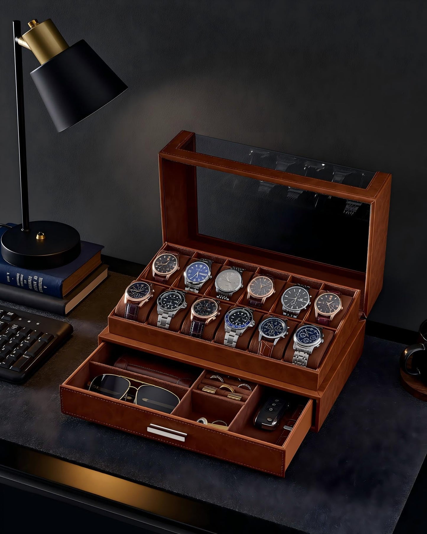 ProCase Watch Box for Men, 12 Slots Watch Display Holder with Clear Acrylic Top, Large Capacity PU Leather Case with Drawer Organizer, Jewelry Storage, Ideal Fathers Day Gift for Dad -Brown