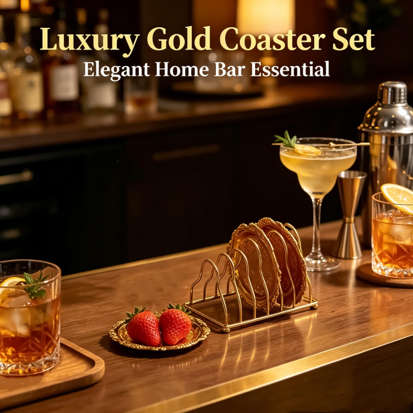 Luxury Gold Coasters Set, 6-Piece Hotel Style Drink Coasters with Holder, Elegant Gold Room Accessories for Bar & Coffee Table Decor