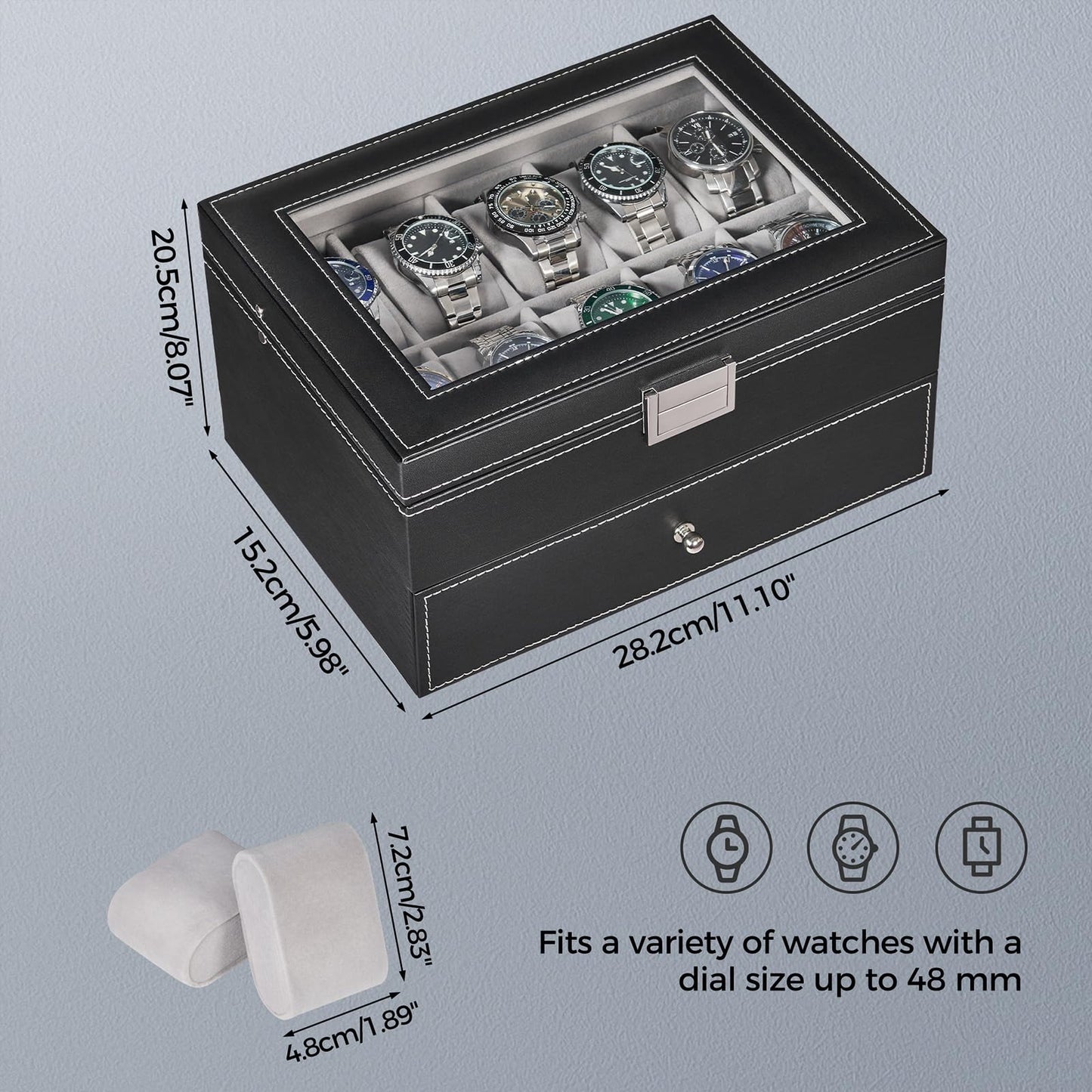 BEWISHOME Watch Case, 20-Slot Watch Box Organizer for Men Watch Case with Large Glass Lid Watch Travel Case Removable Watch Pillows, Mens Jewelry Box Watch Display Case, Watch Storage, Black SSH04B