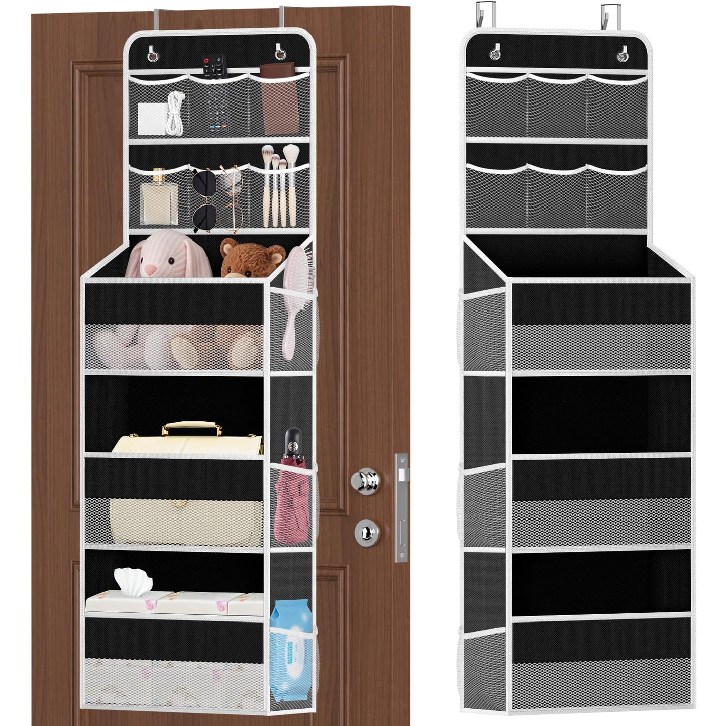SpaceHacks 5-Tier Over the Door Organizer with Mesh Pockets, Baby Nursery Storage for Closet, Bathroom and Bedroom, Adjustable Hanging Closet Organizer for Cosmetics, Books and Essentials (Black)