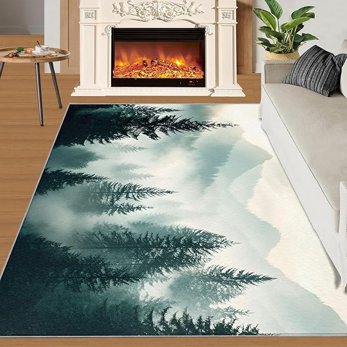 Misty Forest 5x6 Area Rug Natural Landscape Washable Rugs for Living Room Bedroom, Green Woods Soft Low Pile Non Slip Accent Floor Mat Print Throw Rug Indoor Carpet Dining Room Playroom