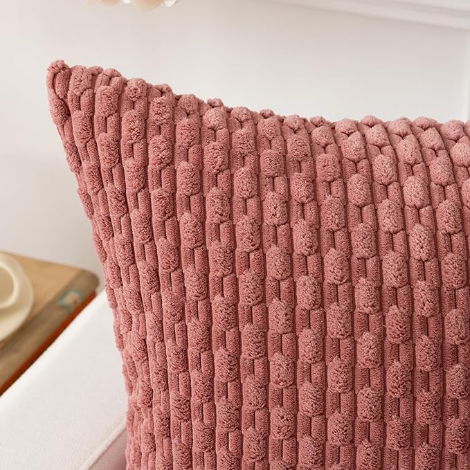 Kevin Textile Valentines Day Throw Pillow Covers Soft Corduroy Decorative Set of 2 Boho Striped Pillow Covers Pillowcases Farmhouse Home Decor for Couch Bed Sofa Living Room 22x22 Inch Blush Pink