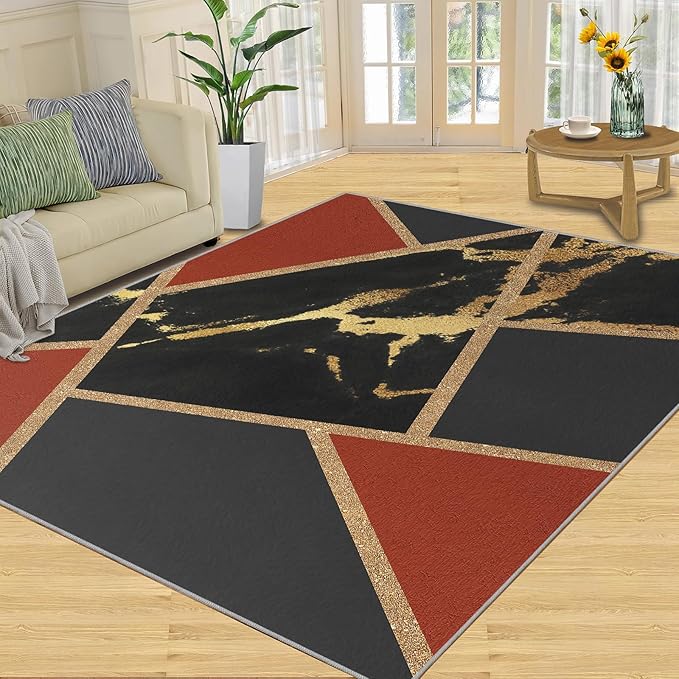 Black Gold Marble Area Rug Modern Abstract Marble Rug Polygonal Geometric Patchwork Carpet 3D Light Luxury Geometric Line Carpet for Living Room Playroom 6x8ft