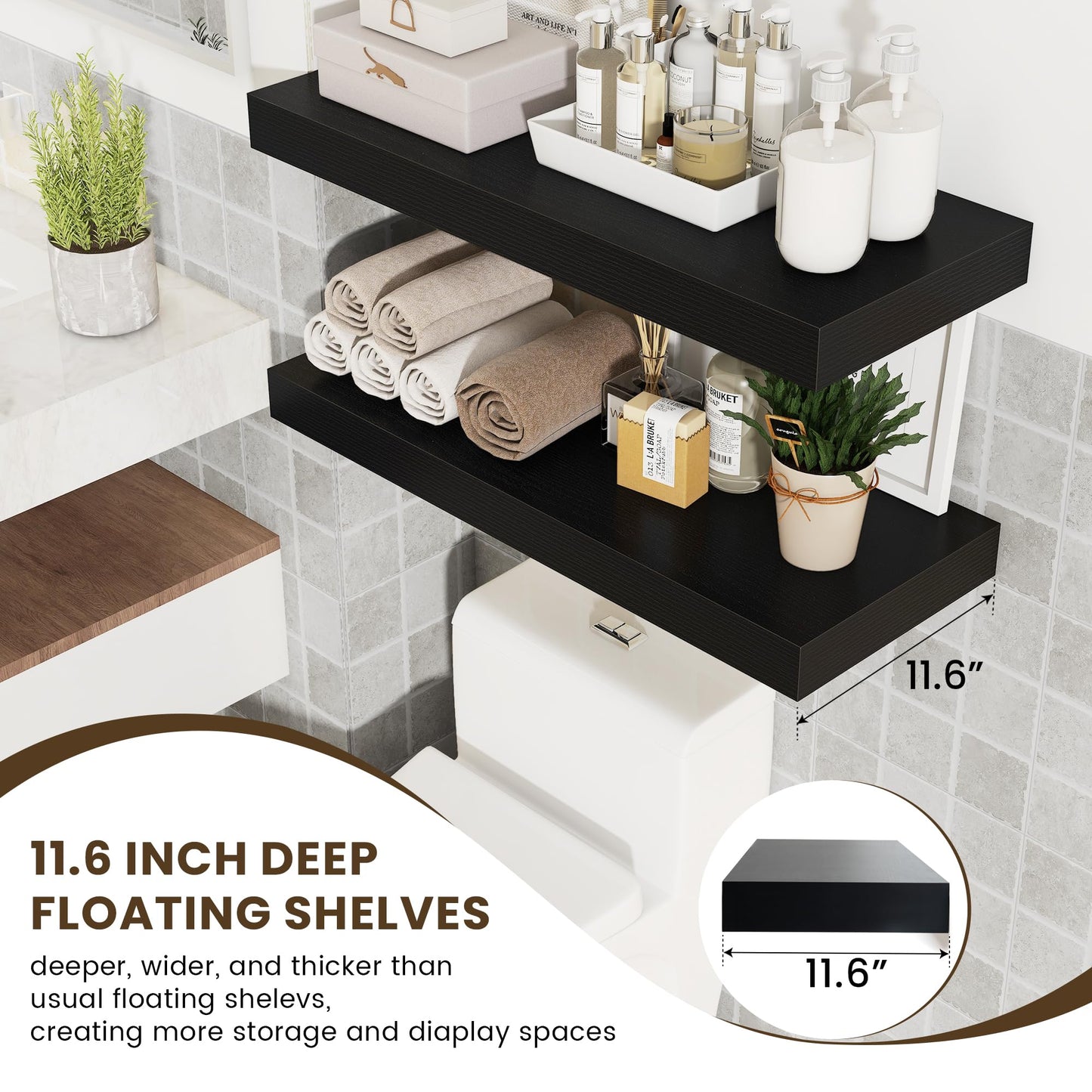 FLYJOE 30 Inch Floating Shelves | 12 Inch Deep Black Floating Shelves Set of 2 | 30" W x 12" D Rustic Wood Shelves for Wall | Deep Black Shelves for Living Room Bathroom Laundry Room Kitchen