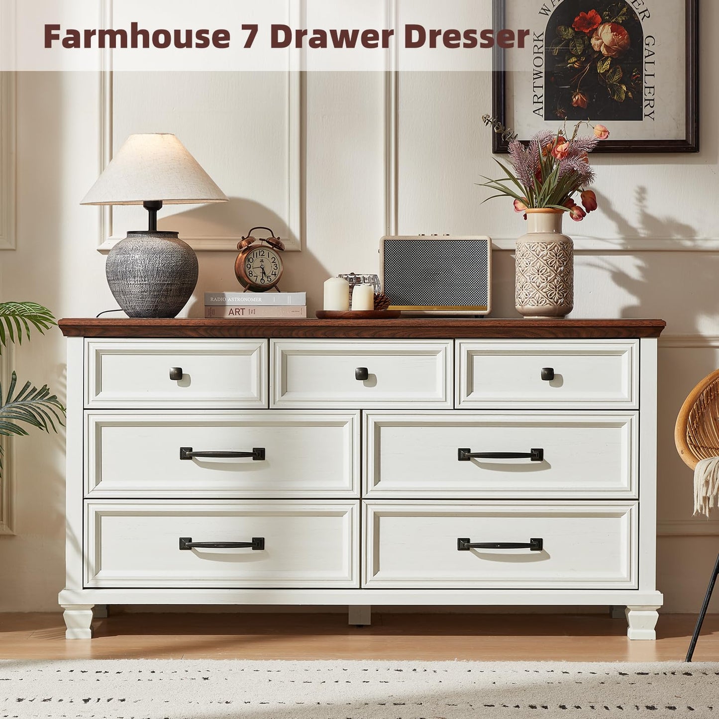 SAVOR LIFE Farmhouse Dresser and Nightstand Sets 4 Piece, 5/7 Drawer Dresser & 2 Drawer Nightstand Set, Rustic Wood Bedroom Furniture Set for Home, Bedroom, Hallway, White