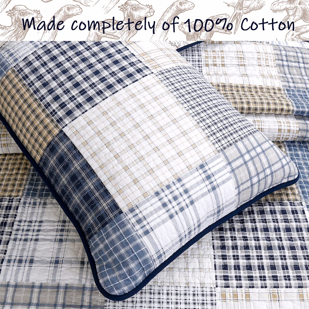 Cozy Line Home Fashions Benjamin Cute Dinosaur Plaid Navy Blue White Grey Bedding Quilt Set 100% Cotton Reversible Coverlet Bedspread Set for Kids Boy(Twin - 2 piece)