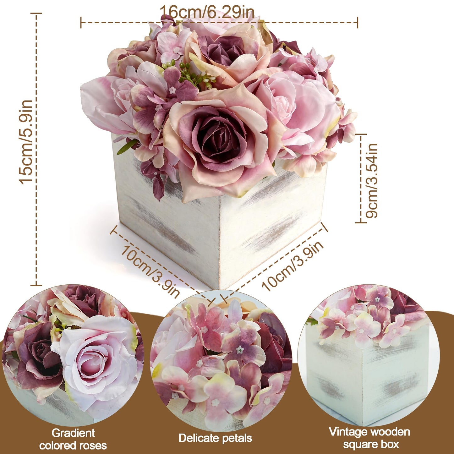 Jahe Aritsan Fake Roses with Wooden Vase, Artificial Flowers in Pot for Home Decor, Fake Flowers in Potted Floral Centerpieces for Tables Living Room Office Room Shelf Kitchen Decor, Light Pink