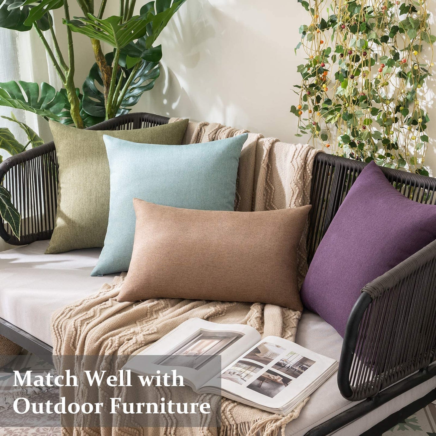 MIULEE Pack of 2 Decorative Outdoor Solid Waterproof Throw Pillow Covers Euro Sham Faux Linen Garden Farmhouse Cushion Cases for Patio Tent Balcony Couch Sofa 24x24 Inch Dark Green