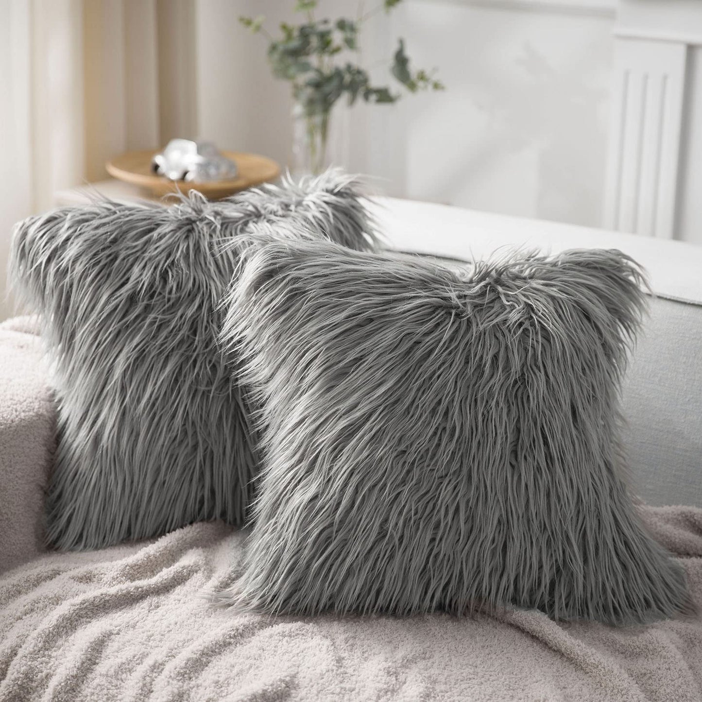 Phantoscope Pack of 2 Faux Fur Solid Throw Decorative Pillow Cover Cushion Covers Luxury Soft Decorative Pillowcase Fuzzy Pillow Covers for Bed/Couch,Gray 18 x 18 Inches
